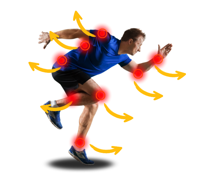 Áreas de aplicación para lesiones y desgaste articular, incluyendo hombros, espalda, caderas, muñecas, codos, rodillas, tobillos y lesiones musculares